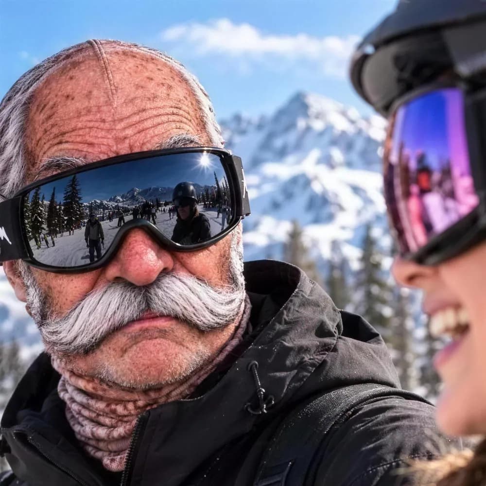 Skier wearing the Grandpa mask with goggles on top