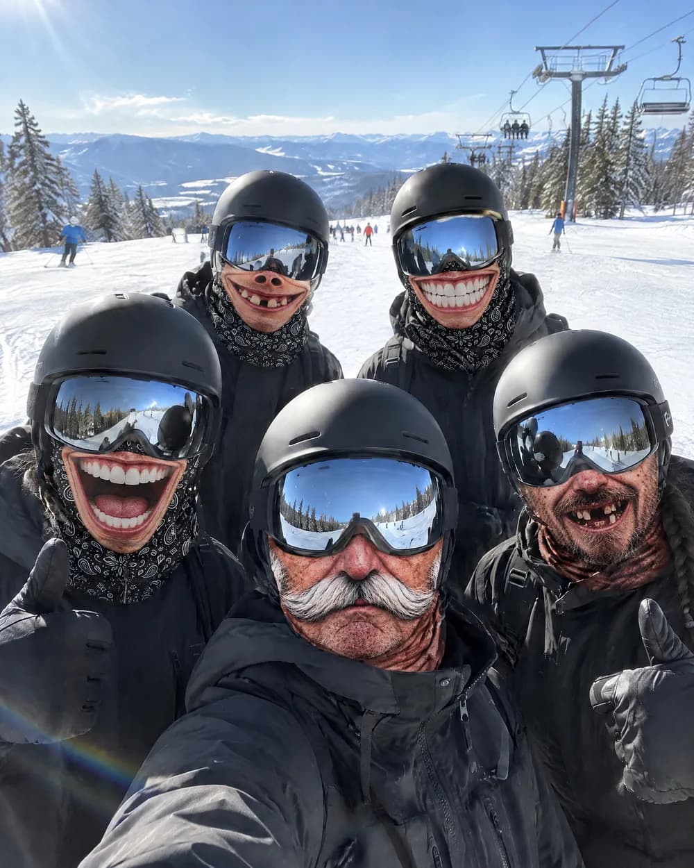 The same crew wearing the masks: each with a different face